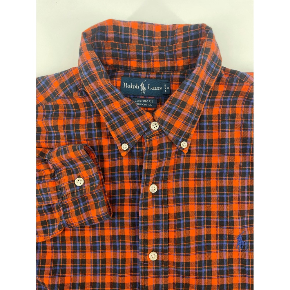 Ralph Lauren Button Down Shirt Mens XL Orange Plaid Custom Fit Preppy Fall